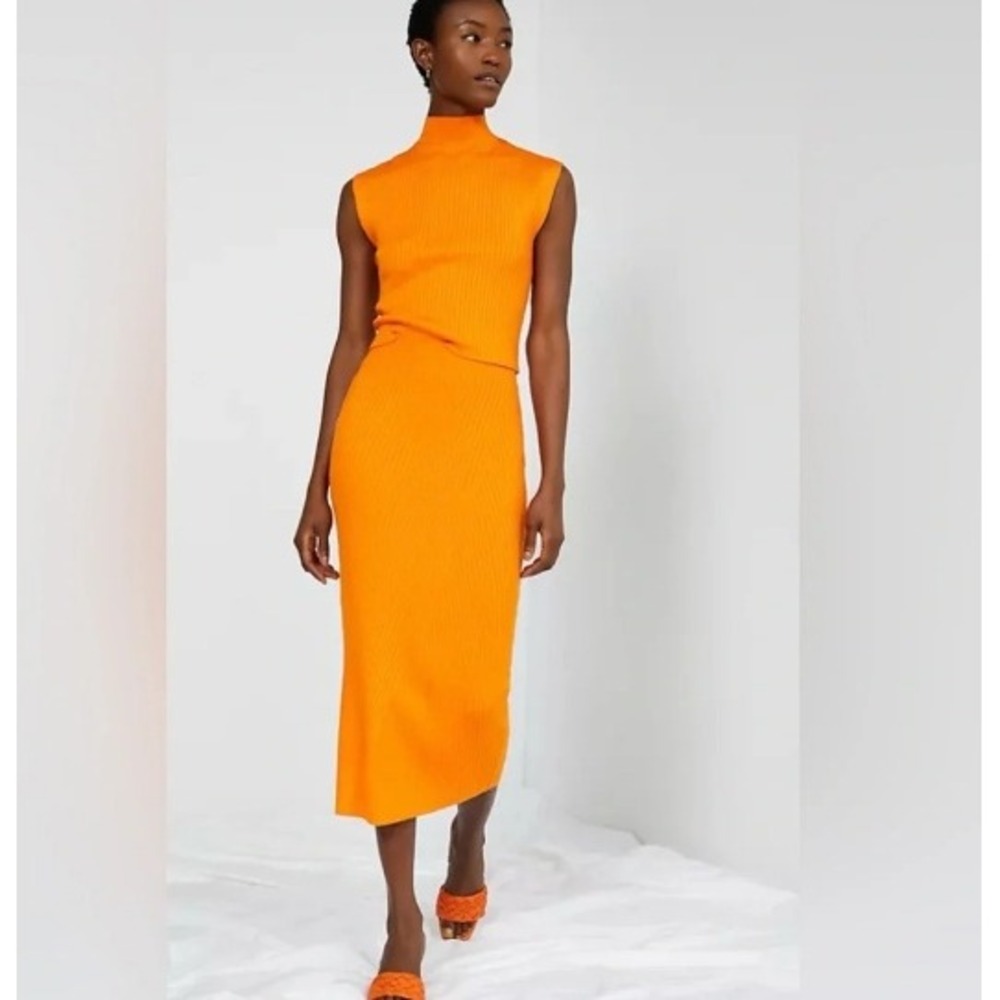 Maeve Anthropologie 2 Piece Set Womens Small Orange Ribbed Mock Neck Midi Skirt